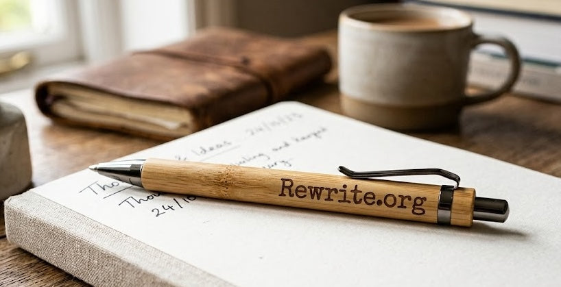 Rewrite.org bamboo pen on an open notebook