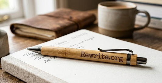 Rewrite.org bamboo pen on an open notebook
